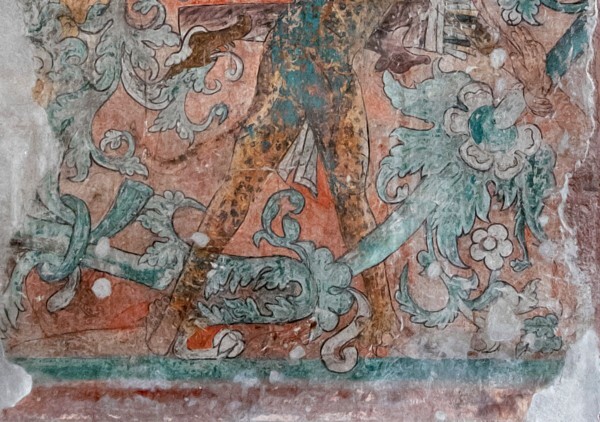 Ixmiquilpan, Hidalgo, San Miguel Arcángel, nave mural, lower detail - Battle scene