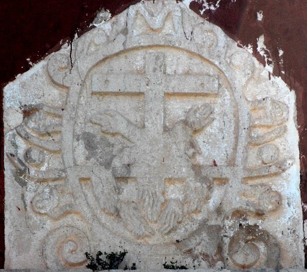 SS Pedro y Pablo, façade gable relief, Franciscan insignia - Teabo, Yucatán