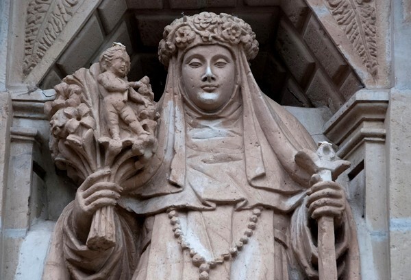 Façade, lower story right sculpture, St. Rose of Lima, detail - La Soledad