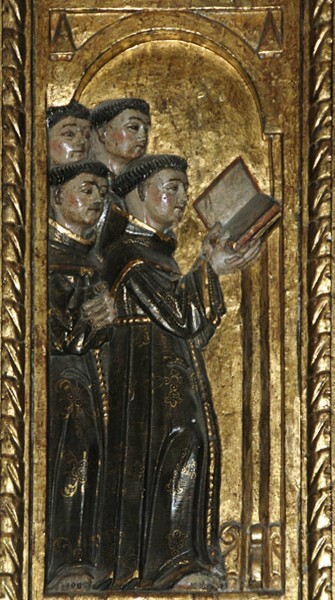 Lower left entrecalle scene: St. Anthony preaching to three monks - San Miguel Arcángel, nave San Antonio de Padua retablo