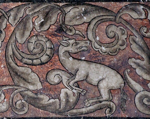 Nave, dado mural detail - San Nicolás de Tolentino, façade, bell-tower, portería & nave