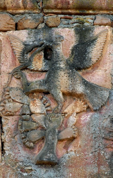 Santa Ana, bell-tower, gryphon & serpent - Santa Ana Chipitiro, Michoacán