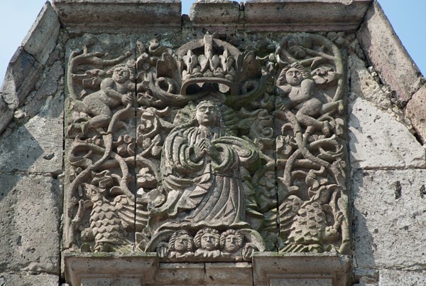 San Sebastián Analco, façade, gable relief, Coronation of the Virgin - San Sebastián Analco