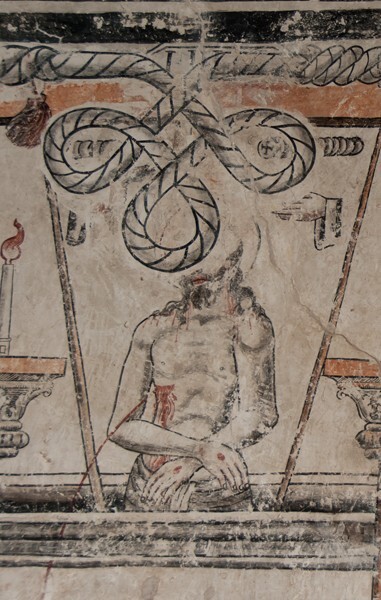 Upper cloister walk, NE testera mural, Mass of St. Gregory, detail - San Francisco, façade, portería, cloister & murals