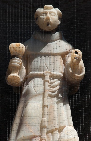 Façade, second story niche sculpture (left), St. Francis - San Luis Obispo