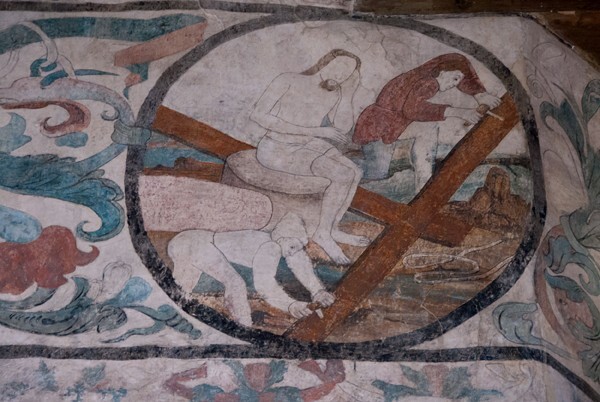 S nave wall, mural frieze roundel, The Nailing of Christ to the Cross - San Francisco, Nave