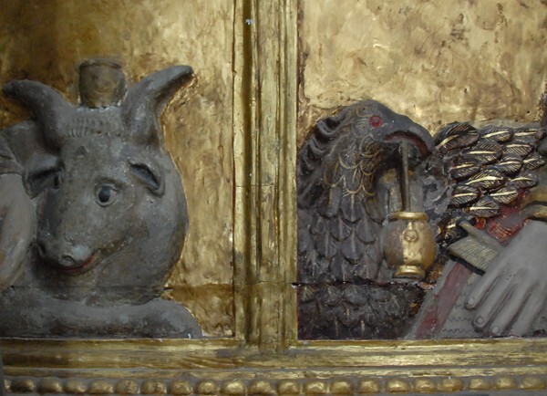 La Transfiguración, high altar predella, tetramorph SS Luke & John - Façade, porterías, high altar & baptismal font