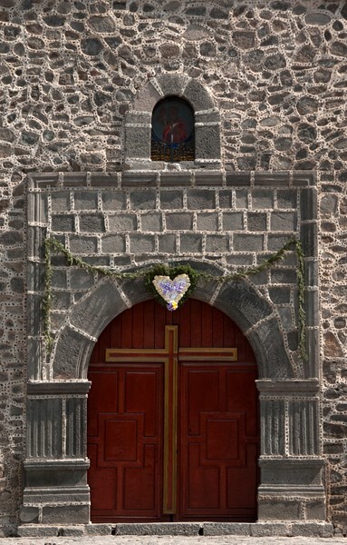 San Pablo, façade, main portal alfiz & choir loft window - San Pablo Tecalco, México