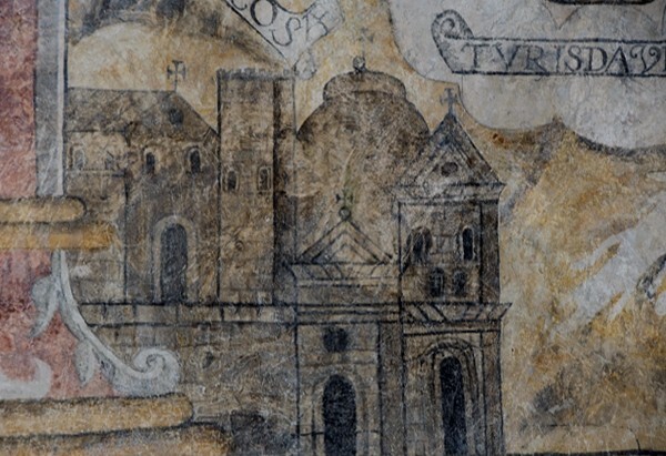 Virgin Immaculate, detail, medieval castle (lower left) - Portería murals