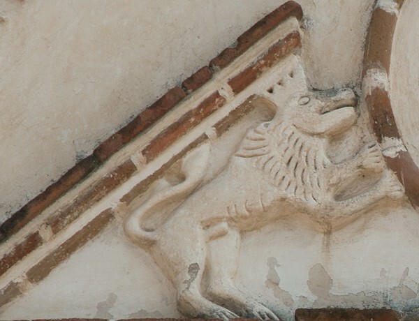 San Miguel Arcángel, façade gable relief left, Hapsburg lion - Xometla, México
