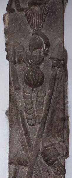 Nave cross, shaft detail, Judas & Arma Christi - San Francisco, crosses