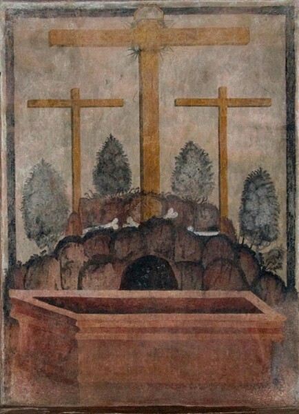 Lower cloister walk mural, Golgotha - Cloister, convento, capilla abierta & posas, atrial cross