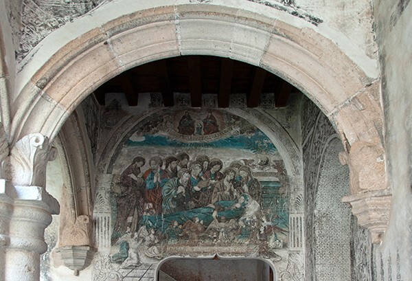 Lower cloister walk, Roman arch - Cloister Stairwell Mural, Death of The Virgin