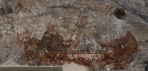 Lower cloister walk, testera lunette, mural detail - San Guillermo
