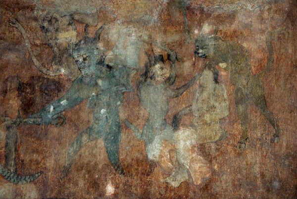 Santa María, S wall mural, Damnation, devils beating a sinner - Santa María, South nave wall murals