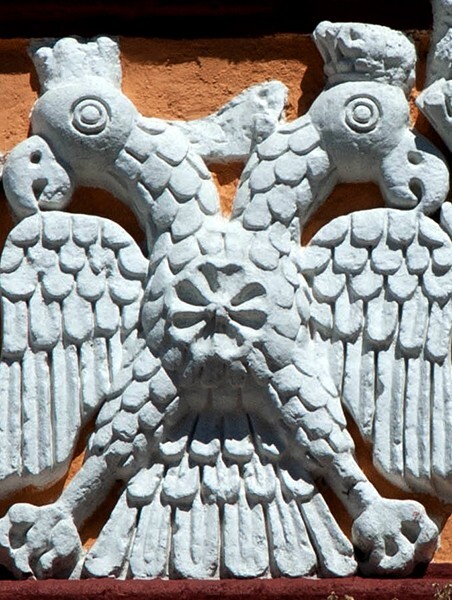 San Ildefonso, bell-tower relief, bicephalous Hapsburg eagle - Hueyotlipan, Tlaxcala