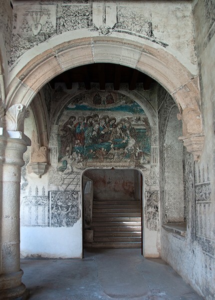 Lower cloister walk, SE corner, stairwell entrance, - Cloister Stairwell Mural, Death of The Virgin