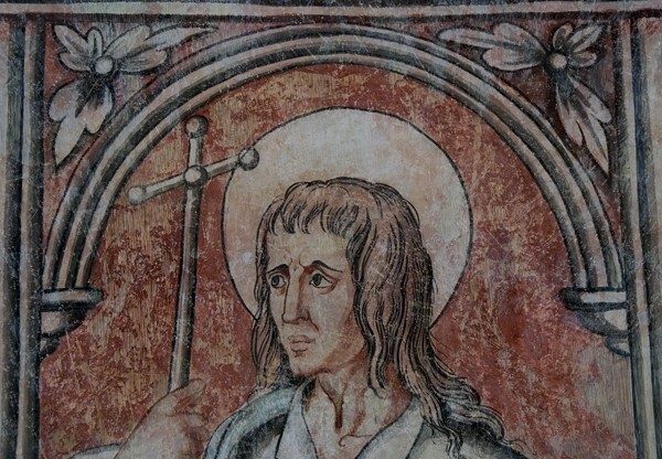 S arcade pier mural, detail - San Juan Bautista, lower cloister walk, S & W arcades, pier murals