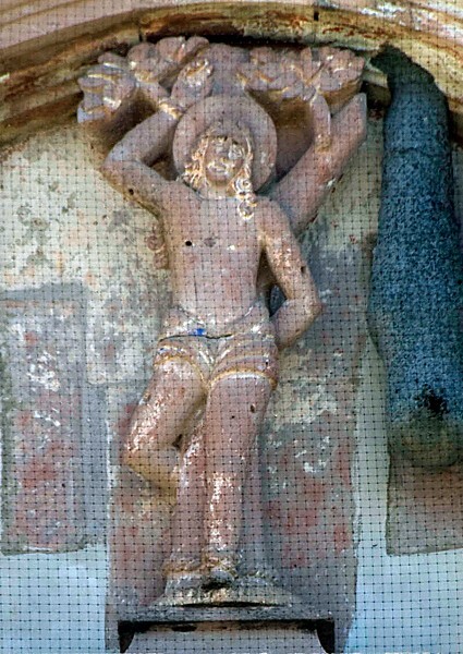 San Sebastián, façade, gable sculpture, St. Sebastian - Venado, San Luis Potosí