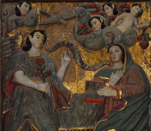 La Transfiguración, high altar, second tier right panel, Annunciation - Façade, porterías, high altar & baptismal font