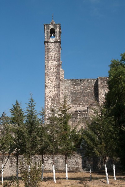 Huerta & S bell-tower - San Juan Bautista, façade, portería, porciúcula door, cistern & atrial gate