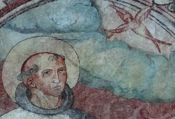 E arcade pier mural, detail - San Juan Bautista, lower cloister walk, N & E arcades, pier murals