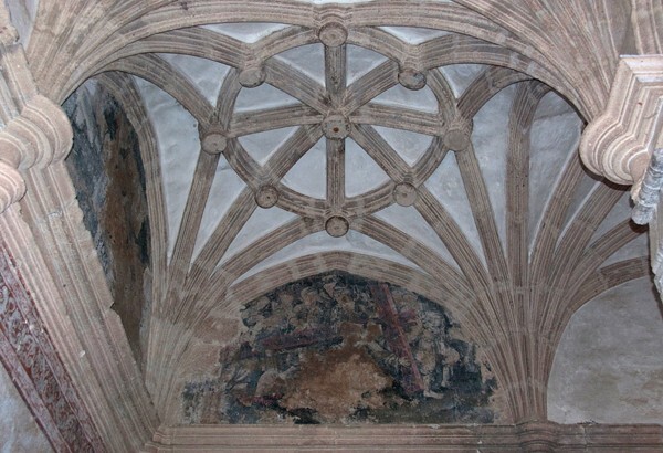 Lower cloister walk, testera ribbed vault & lunette mural - San Pablo, nave, sacristy & cloister