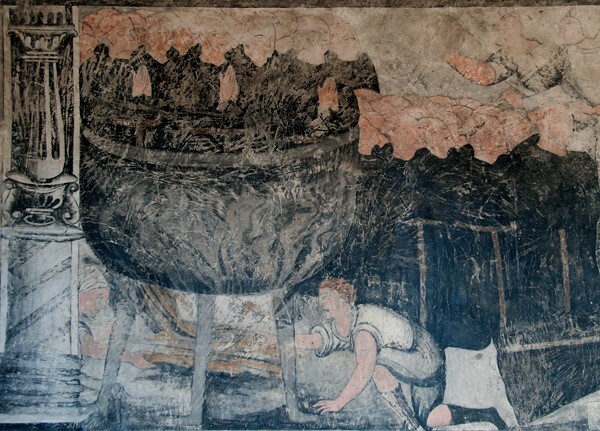 W wall, friars boiled alive, detail - San Miguel Arcángel, cloister with murals