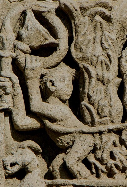 Chancel arch, left pilaster detail - San Luis Obispo, capilla abierta