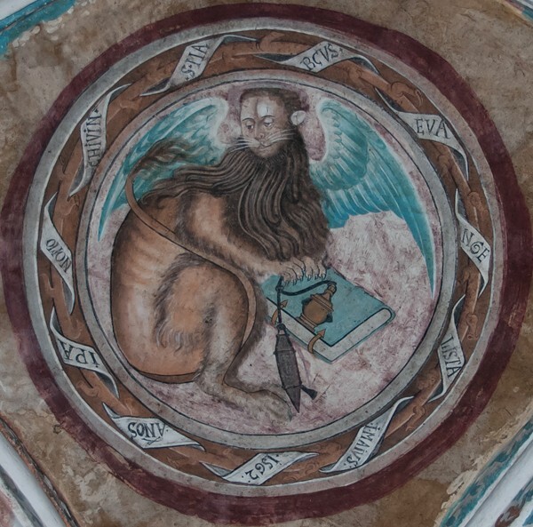 Webbing painting: Evangelist tetramorph, St. Mark - Tecamachalco, Puebla, La Asunción de Nuestra Señora, sotocoro