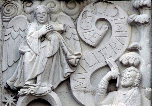 East façade relief, St. John writing the Apocalypse, detail - East (main) & South façades