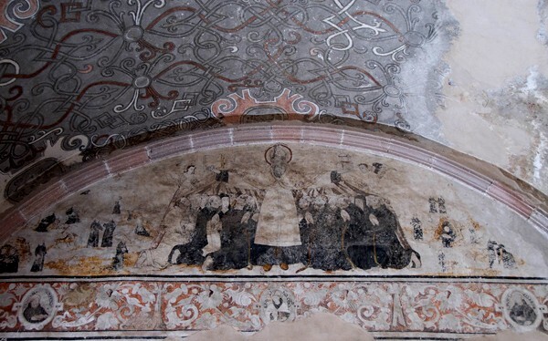 Portería lunette mural - San Nicolás de Tolentino, façade, bell-tower, portería & nave