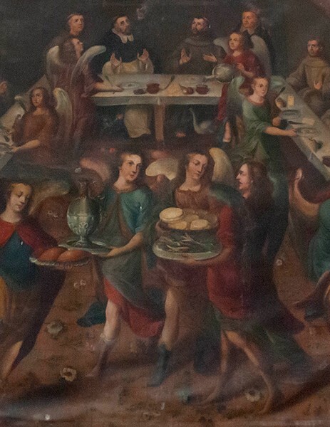 ]San Juan Bautista, refectory painting, Supper of SS Francis & Dominic - Coixtlahuaca, Oaxaca