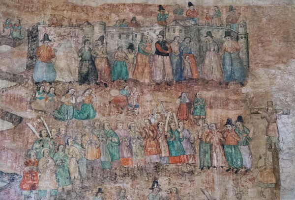 S wall mural, Japanese locals beside Crucifixion - Nuestra Señora de La Asunción (Catedral), nave & murals