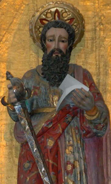 San Pablo, high altar, lower central figure detail, St. Paul - Oztotepec, México