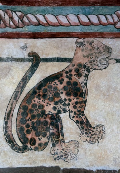 Lower cloister walk, portal mural, jaguar - San Juan Bautista, cloister & murals