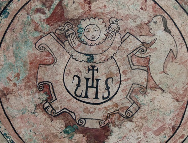 La Asunción, choir loft, mural roundel, sun & Christogram - Yautepec, Morelos