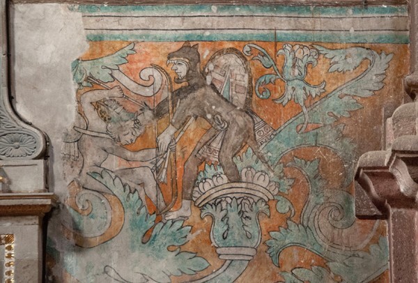 Ixmiquilpan, San Miguel Arcángel, North wall mural, detail left - Battle scene