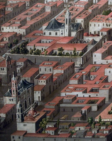 Folding screen, back detail: churches - Folding screen (biombo): The Conquest of Mexico