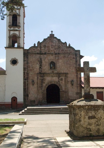 San Lorenzo, façade, bell-tower & atrial cross - San Lorenzo, Michoacán