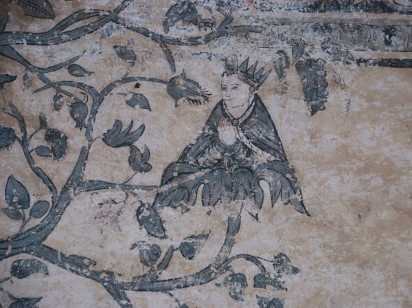 Santiago, portería mural, Augustinian lineage, closeup - Copándaro, Michoacán