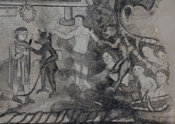 Lower scene detail - San Juan Bautista, convento second story, friar's cell mural: Miracle of the Rosary mural