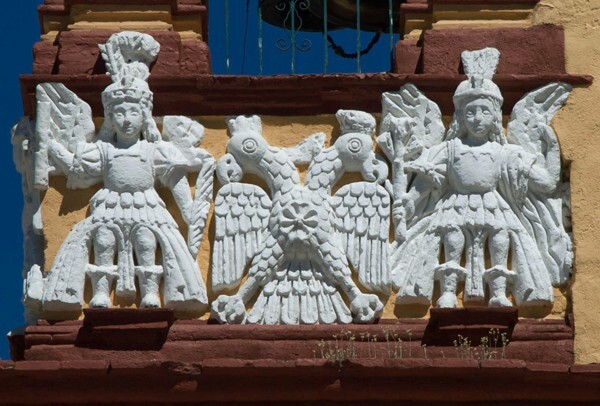 San Ildefonso, bell-tower relief, Passion angels & bicephalous eagle - Hueyotlipan, Tlaxcala