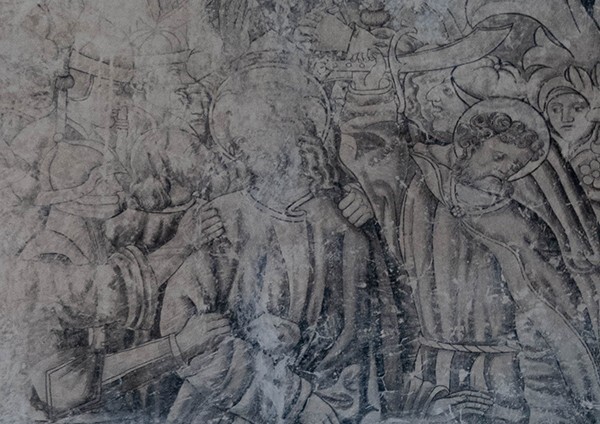 Sala profundis, W wall mural, Agony in the Garden, detail - San Andrés, grisaille murals: baptistry, sala profundis & refectory