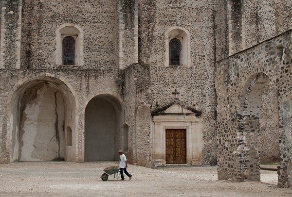Capilla abierta & W portal - Façade, exterior buttressing, lateral portal, open & posa chapels, atrio & cross