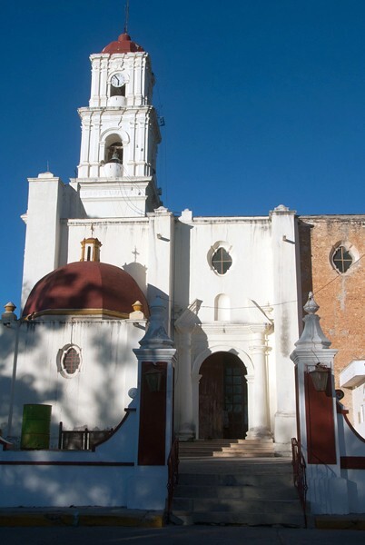 Santiago, lateral portal, bell-tower & baptistery - Chazumba, Oaxaca
