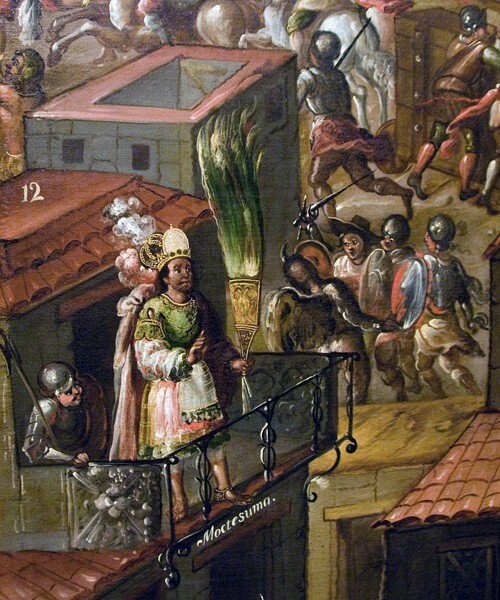 Folding screen, front detail: Conquest of Mexico, Moctezuma - Folding screen (biombo): The Conquest of Mexico