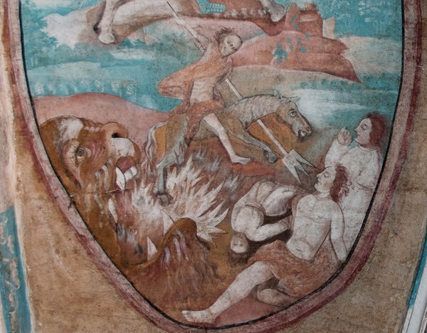Webbing painting: Four Horsemen of Apocalypse, detail - Tecamachalco, Puebla, La Asunción de Nuestra Señora, sotocoro
