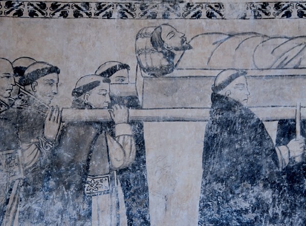 San Juan Bautista, vestibule, S wall fresco, Cortege of Christ, detail - San Juan Teitipac, Oaxaca