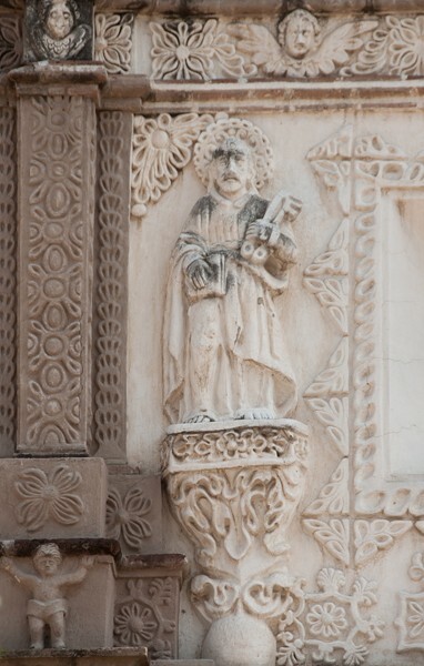 San Miguel Arcángel, façade, choir loft window relief - Xometla, México